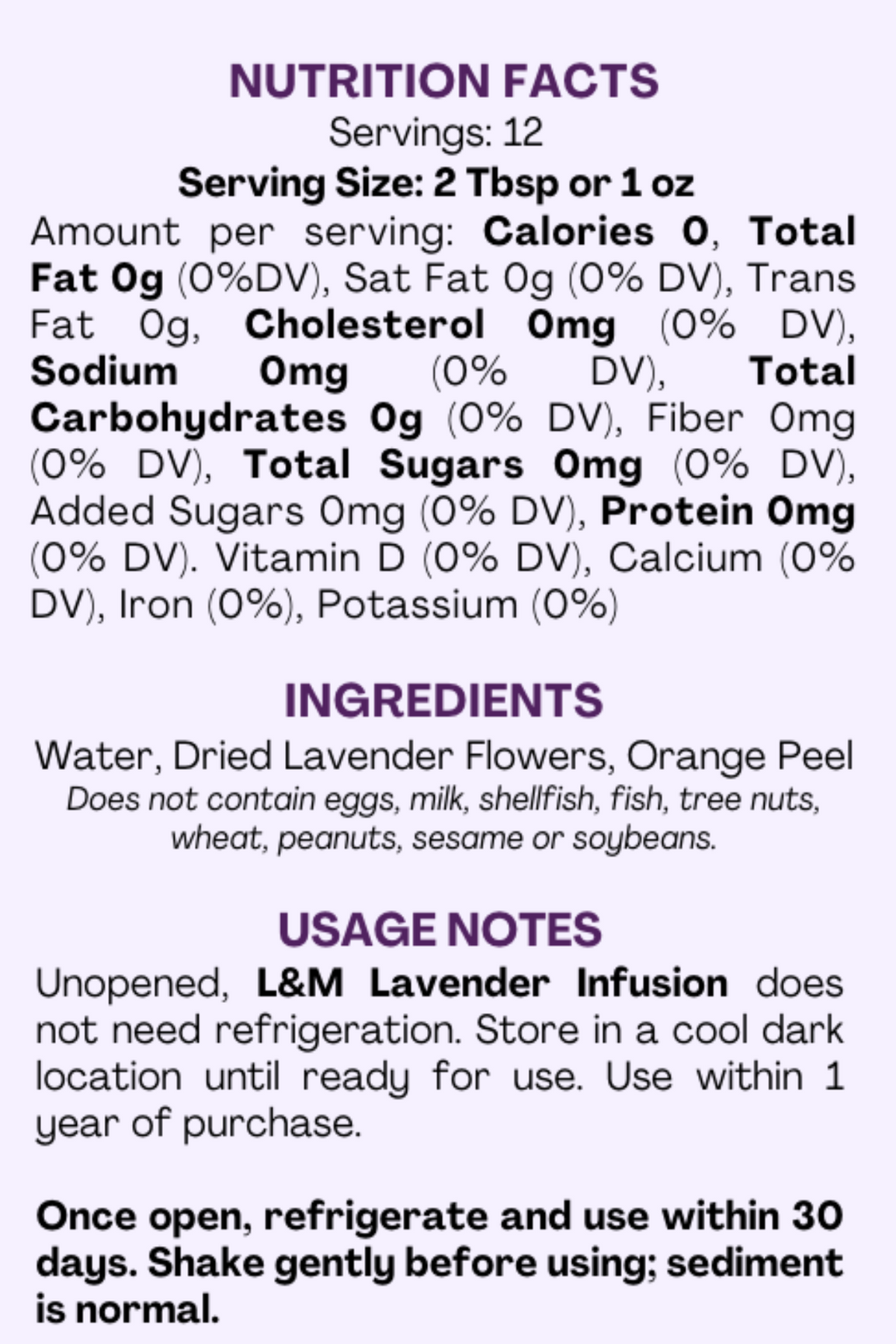 Nutrition facts and ingredients label for the lavender infusion