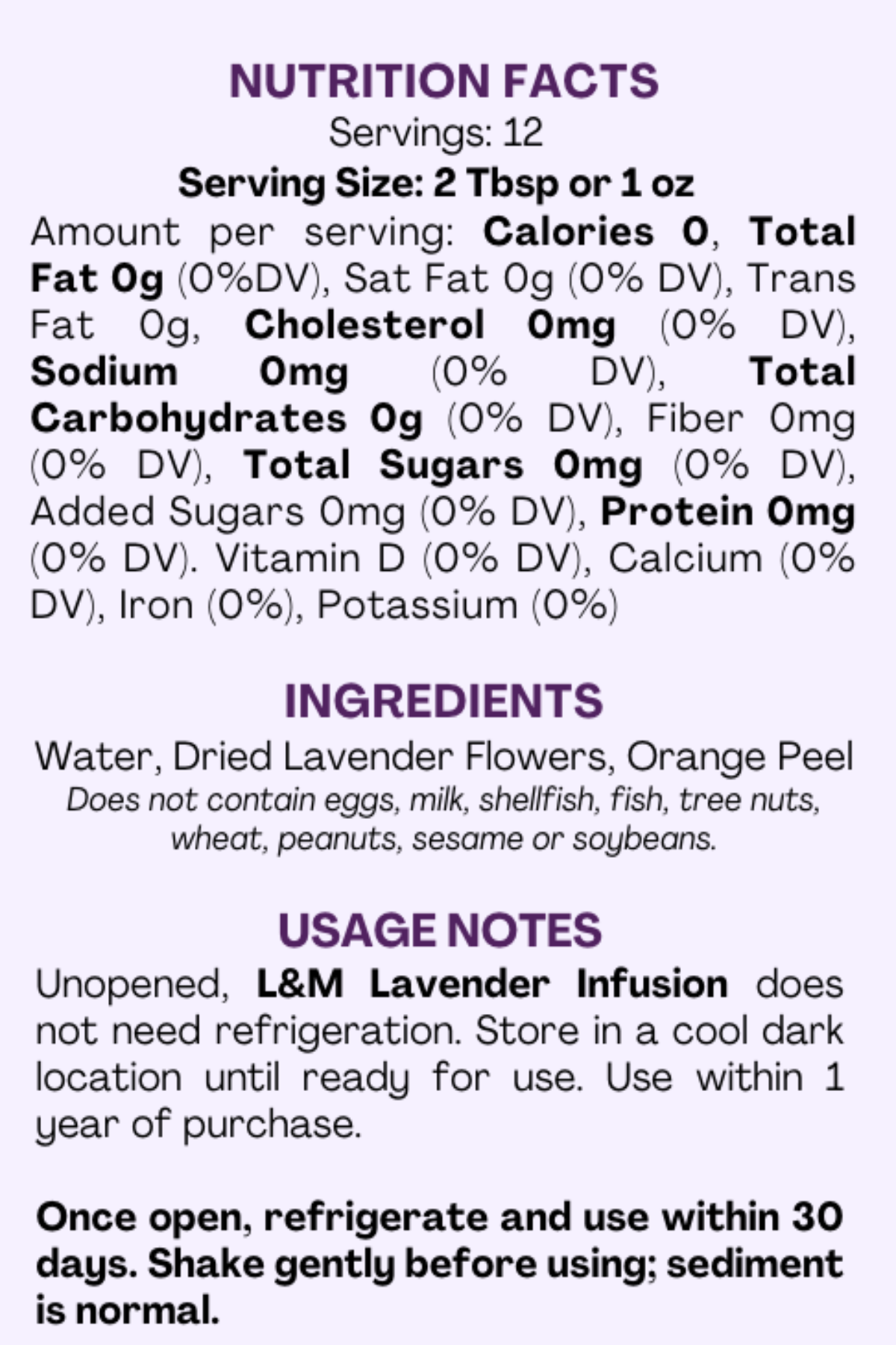 Nutrition facts and ingredients label for the lavender infusion