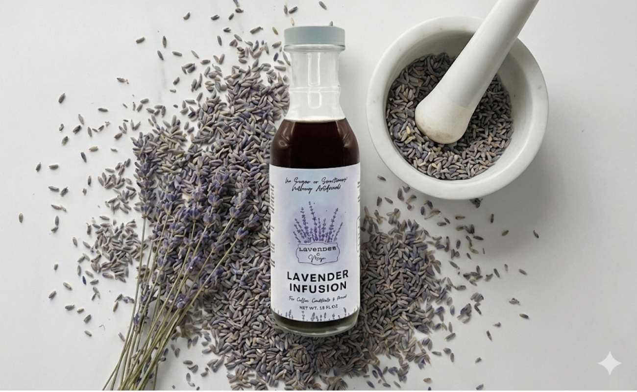 Bottle of lavender infusion with dried lavender flowers and a mortar and pestle on a white background